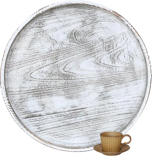 Vista 13 de Gurfuy Bandeja de madera rústica de 20 pulgadas para servir – Bandeja redonda extragrande para mesa de café decorativa de granja de gran