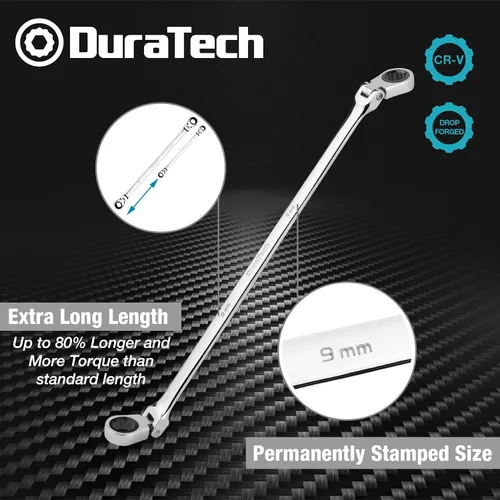 Vista 2 de DURATECH Llave de trinquete extralarga de cabeza flexible 8 * 9 mm, métrica, acero CR-V