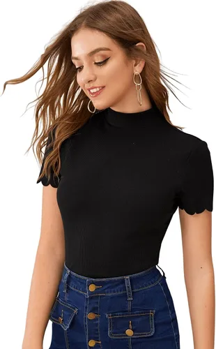 Vista 4 de SweatyRocks Camiseta de manga corta con cuello alto acanalado para mujer