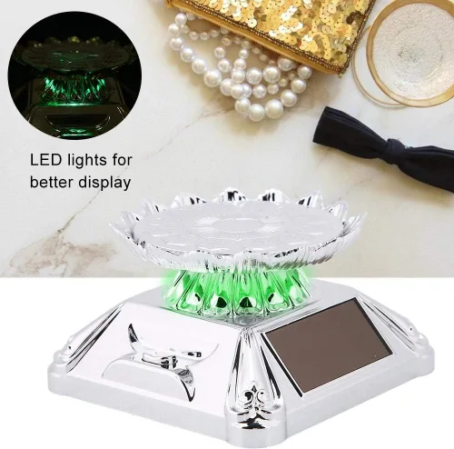 Vista 2 de Soporte de exhibición de joyas, luz LED solar para escaparate giratorio 360, reloj giratorio para teléfono, anillo de joyería (plata)
