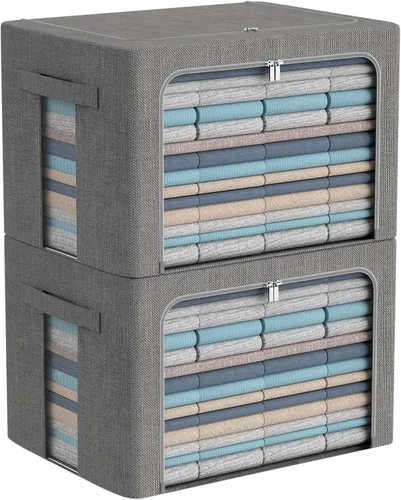 Vista 14 de CYhom Caja de almacenamiento de ropa, juego organizador plegable de tela de lino con ventana transparente, asas de transporte y marco de metal, 2
