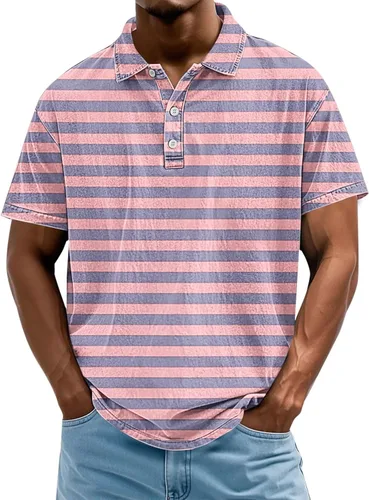 Vista 6 de Camisa polo de manga corta para hombre, camiseta de golf a rayas, de manga corta, para vacaciones, casual, cuello en V, camiseta de verano