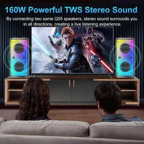 Vista 3 de Altavoz Bluetooth, 80W de potencia máxima, inalámbrico, TWS, portátil, para exteriores, altavoces para fiestas con subwoofer, graves profundos, Negro