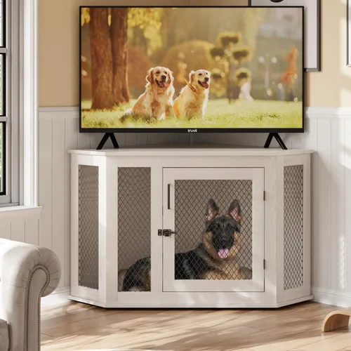 Vista 4 de PUKAMI Muebles de jaula para perros de esquina de 44 pulgadas, muebles de perrera para perros de madera con malla, casa decorativa de madera