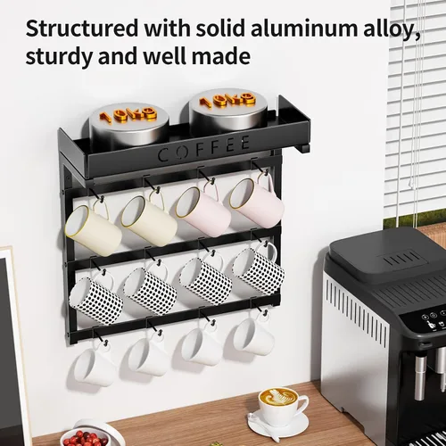 Vista 2 de RCHYFEED Soporte para taza de café montado en la pared, organizador de tazas para exhibición y colección de cocina, soporte de metal para tazas
