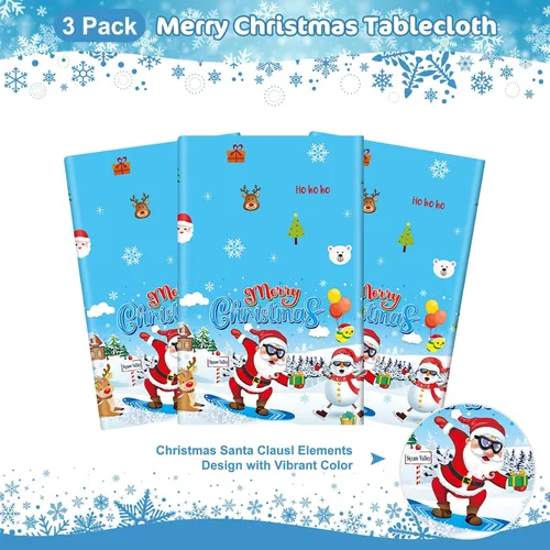 Vista 4 de 3 piezas de mantel de Navidad - Mantel de plástico de Papá Noel genial para Navidad, mantel rectangular desechable azul y blanco para decoración