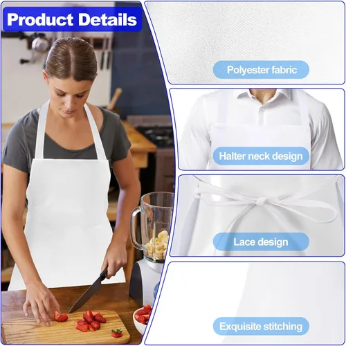 Vista 4 de Delantales unisex con peto, paquete de 12 delantales de chef blancos con lazos extralargos, lavables para mujeres y hombres, cocinar, restaurante