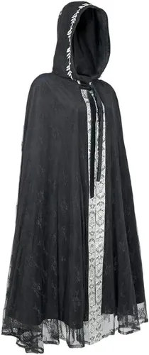 Vista 3 de Volrath Disfraz medieval de las mujeres negras de encaje retro gótico con capucha bata bruja vampiro capa traje