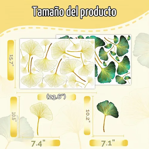 Vista 4 de Calcomanías de pared con hojas doradas, diseño de hojas modernas, color Oro y verde