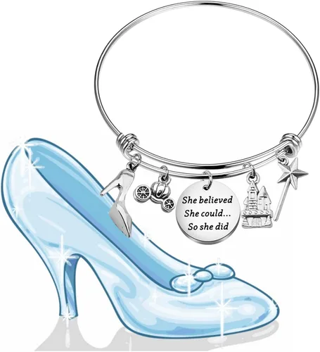 Vista 7 de PLITI Pulsera ajustable de acero inoxidable con texto en inglés "She Believed She Could So She Did", regalo para fanáticos de hadas