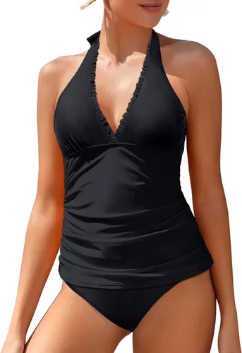 Vista 2 de Holipick Traje de baño tankini de dos piezas para mujer, con control de abdomen, cuello halter, con volantes, cuello en V, parte superior tankini