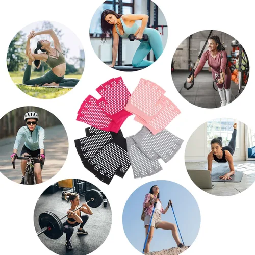 Vista 9 de 4 pares de guantes de yoga para mujer, antideslizantes, sin dedos, para entrenamiento de baile de pilates, con agarre mejorado y material de algodón
