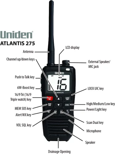 Vista 5 de Uniden Atlantis 275 - Radio marina VHF bidireccional de mano, sumergible IPX8 flotante impermeable, pantalla grande de doble color, 6 vatios, todos