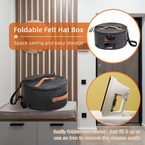 Vista 2 de Caja para sombreros, 15.7 x 7.8 x 15.75 pulgadas, caja de almacenamiento plegable con tapas para mujeres y hombres, cajas de viaje para Gris Oscuro