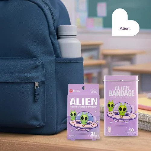 Vista 5 de BioSwiss Vendajes, juego de vendajes autoadhesivos en forma de alienígena de Halloween, sin látex, cuidado de heridas estériles, 24