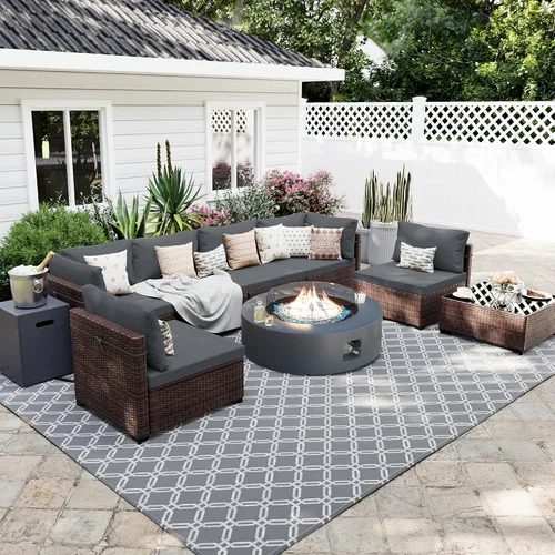 Vista 9 de UPHA Juego de muebles de mimbre para patio de 7 piezas con mesa auxiliar Cojín de ratán beige y beige