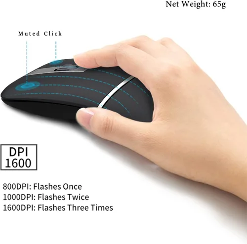 Vista 4 de Mouse de arco inalámbrico para laptop, mouse de computadora recargable por USB, plegable giratorio ultra delgado, 3 DPI para viajes de escritorio