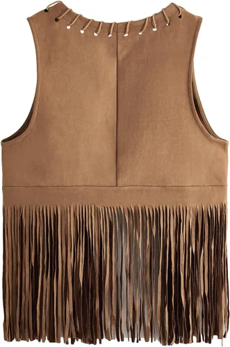 Vista 2 de Verdusa Chaleco de ante sintético con flecos para mujer, estilo hippie de los años 70, sin mangas, con borlas