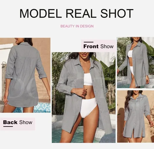 Vista 5 de Dokotoo Camisas de manga larga de algodón con botones para mujer, salida de baño, cárdigans de verano con bolsillos