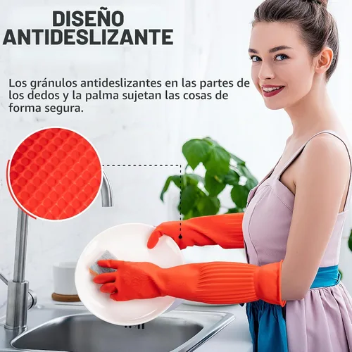 Vista 4 de ThxToms Guantes de goma para limpieza de platos (2 pares), forro polar suave, reutilizables, impermeables, con puño extra largo y agarre