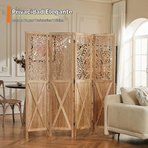 Vista 5 de JOSTYLE Divisor de habitación bohemio con tallado de hojas, pantalla de madera calada de 4 paneles, partición plegable decorativa para dormitorio