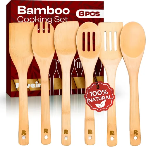 Vista 12 de Riveira Cucharas de madera de bambú para cocinar, 3 piezas, espátula de madera esencial para apartamento, cuchara antiadherente, juego de utensilios