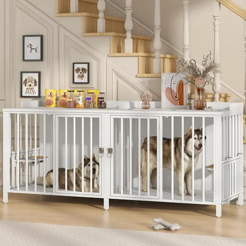 Vista 9 de BOINN Mueble plegable para perros de 41.3 pulgadas, no se ensambla, para perros de interior, jaulas de madera para perros con cuencos giratorios