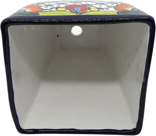 Vista 5 de Maceta cuadrada grande pintada a mano para interiores y exteriores, figura multicolor (Talavera)