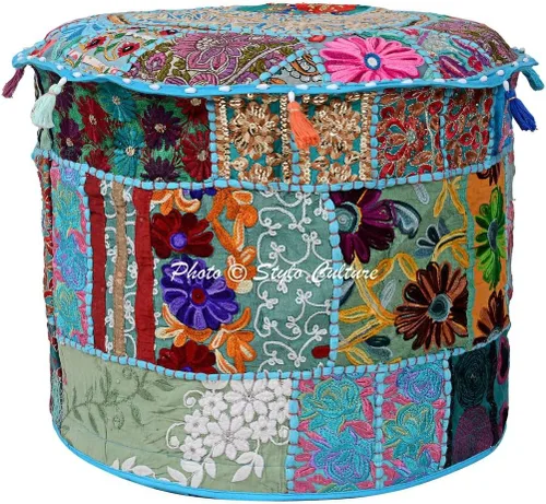 Vista 2 de Funda de puf otomana bordada de retazos de algodón turquesa floral decoración del hogar tradicional puf de asiento para sala de estar