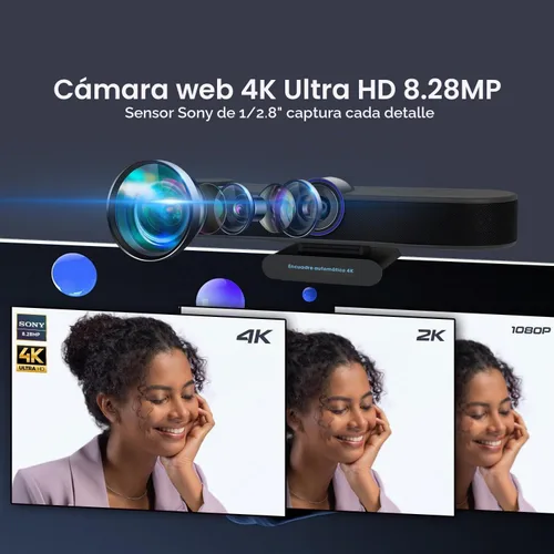 Vista 2 de Cámara web 4K 3 en 1 con micrófonos y altavoz, cámara web 4K con seguimiento automático AI, zoom digital 5X, campo de visión ajustable, control