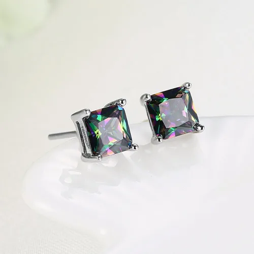 Vista 2 de Aretes chapados en oro blanco 18K multicolor, negro, Cubic, Zirconia, Stud, joyas para niñas, adolescentes, mujeres