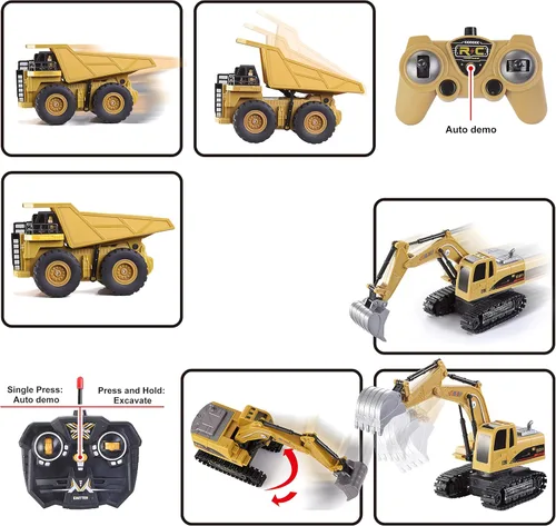 Vista 4 de JOYIN Juego de 2 vehículos de construcción a control remoto, excavadora RC accionada por fricción y camión volquete RC con luces y sonidos