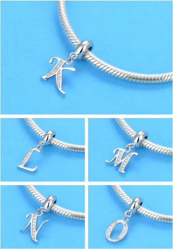 Vista 4 de Abalorio de plata de ley 925 con letras de la A a la Z, dije de letras K, dije de aniversario de Navidad para pulsera de abalorios
