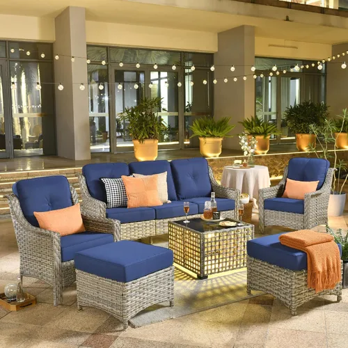 Vista 10 de ovios Muebles de patio al aire libre de 4 piezas con sofá de 3 asientos, juego de cubierta de mimbre de ratán con respaldo alto, sofá individual