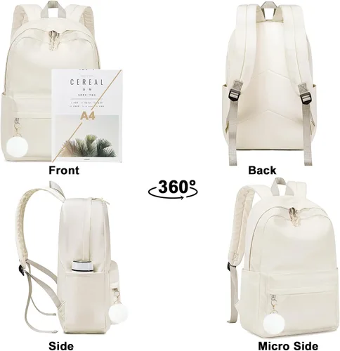 Vista 6 de Bluboon Mochila para la escuela para niños, mochila para niñas, mochila para computadora portátil, regalos para mujeres, Pelota de felpa beige