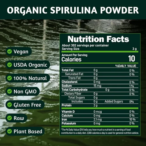 Vista 6 de Espirulina en polvo orgánica, 32 onzas, certificado USDA, 100% puro y natural, sin OMG, sin gluten, desintoxicante y potenciador de energía, rico
