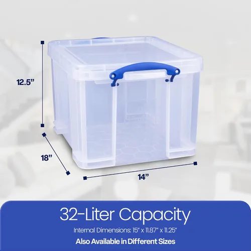 Vista 3 de Really Useful Box Paquete de 3 contenedores de almacenamiento de plástico transparente con tapas y asas de clip, 32 litros - Contenedores
