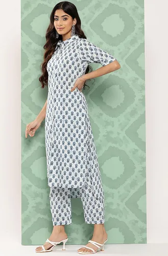Vista 5 de Janasya Conjunto de pantalón Kurta de manga corta con cuello de camisa casual de verano con estampado floral de algodón blanco para mujer