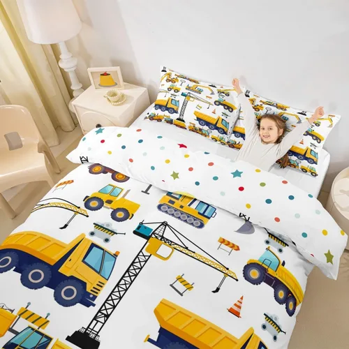 Vista 5 de Erosebridal Juego de ropa de cama para niños de construcción tamaño individual para niños, cubierta de edredón para camiones excavadoras, juego