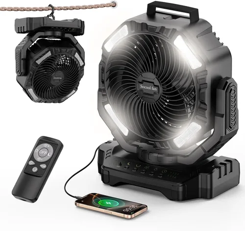 Vista 11 de Socool Ventilador de campamento con luz, ventilador de batería recargable de 20000 mAh, tiempo máximo de funcionamiento de 112 horas, 9 velocidades