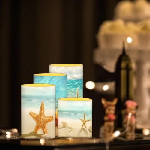 Vista 6 de Velas LED parpadeantes operadas por batería, juego de 4 con control remoto y temporizador, velas de llama danzante, velas de pilar para mesa, Playa