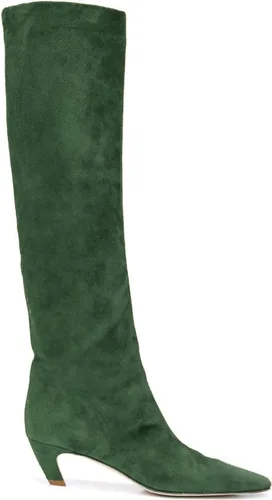 Vista 5 de MOOMMO Botas altas de tacón de gatito sobre la rodilla para mujer, punta cuadrada, de cuero mate, de meter de pantorrilla ancha, plisadas, tacón