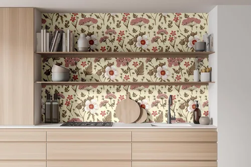 Vista 6 de Blooming Wall Papel pintado de azaleas dibujadas a mano con hojas despegar y pegar Papel pintado autoadhesivo extraíble Mural de pared decoración