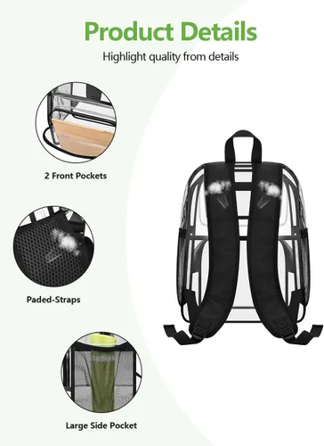 Vista 5 de MAY TREE Mochila Transparente Aprobada para Estadios para Mujeres y Hombres, Bolsa Transparente para Eventos, Negro, Grande
