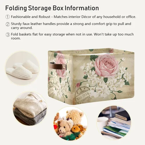 Vista 6 de ALAZA Shabby Chic - Caja de almacenamiento plegable con diseño floral de rosas, cestas organizadoras con asas para estantes, armario, sala de estar