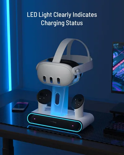 Vista 5 de ZYBER Base de carga RGB para Meta Quest 3, estación de carga rápida con 2 baterías recargables para accesorios Oculus Quest 3, soporte