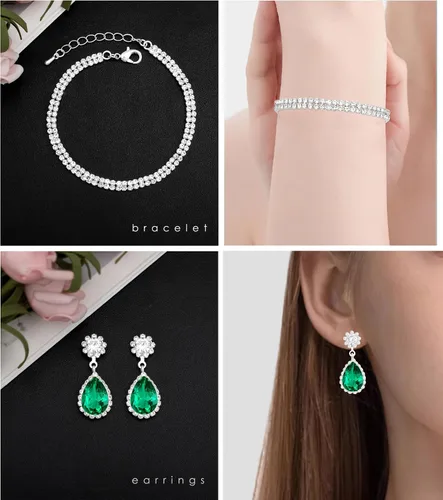 Vista 6 de Elegante collar de cristal plateado para boda, aretes, pulsera, juego de joyería para mujeres, novias, damas de honor, fiesta de graduación