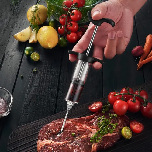 Vista 3 de JY COOKMENT Jeringa para inyector de carne, inyector de sabor marinado de 1 onza con 2 agujas profesionales, 1 cepillo de limpieza (negro)