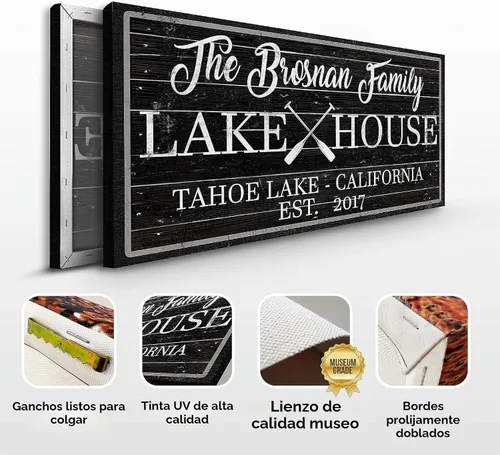 Vista 2 de TAILORED CANVASES Letrero personalizado de casa del lago, decoración rústica grande, listo para colgar, lienzo para pared, para el hogar, sala