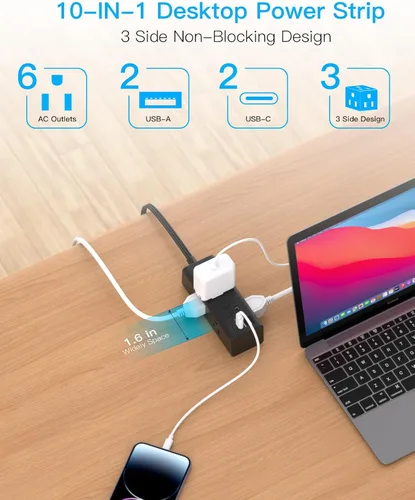 Vista 3 de Cable de extensión de 1 pie con múltiples tomas, regleta de alimentación de enchufe plano con cable de 1 pie, 6 tomas de corriente, 4 puertos USB